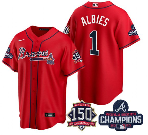Men's Atlanta Braves #1 Ozzie Albies 2021 Red World Series Champions With 150th Anniversary Patch Cool Base Stitched Jersey Men's Atlanta Braves #1 Ozzie Albies 2021 Red World Series Champions With 150th Anniversary Patch Cool Base Stitched Jersey